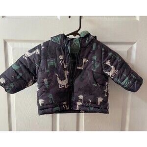 London Fog  Puffer Jacket Baby 12 Month Dinosaur Black Green White Hooded Pocket